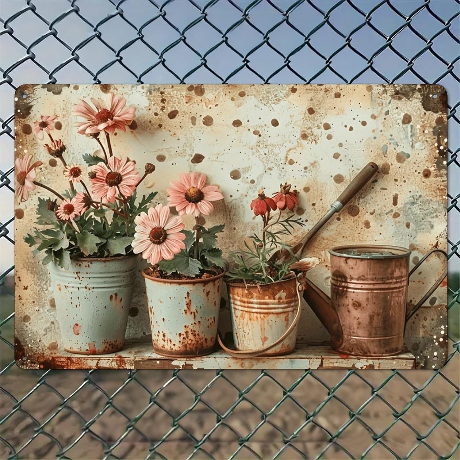녹슨 양동이에 핑크색 꽃이 담겨 있고, 물뿌리개가 함께 - Watering Can 리뷰 및 가격
